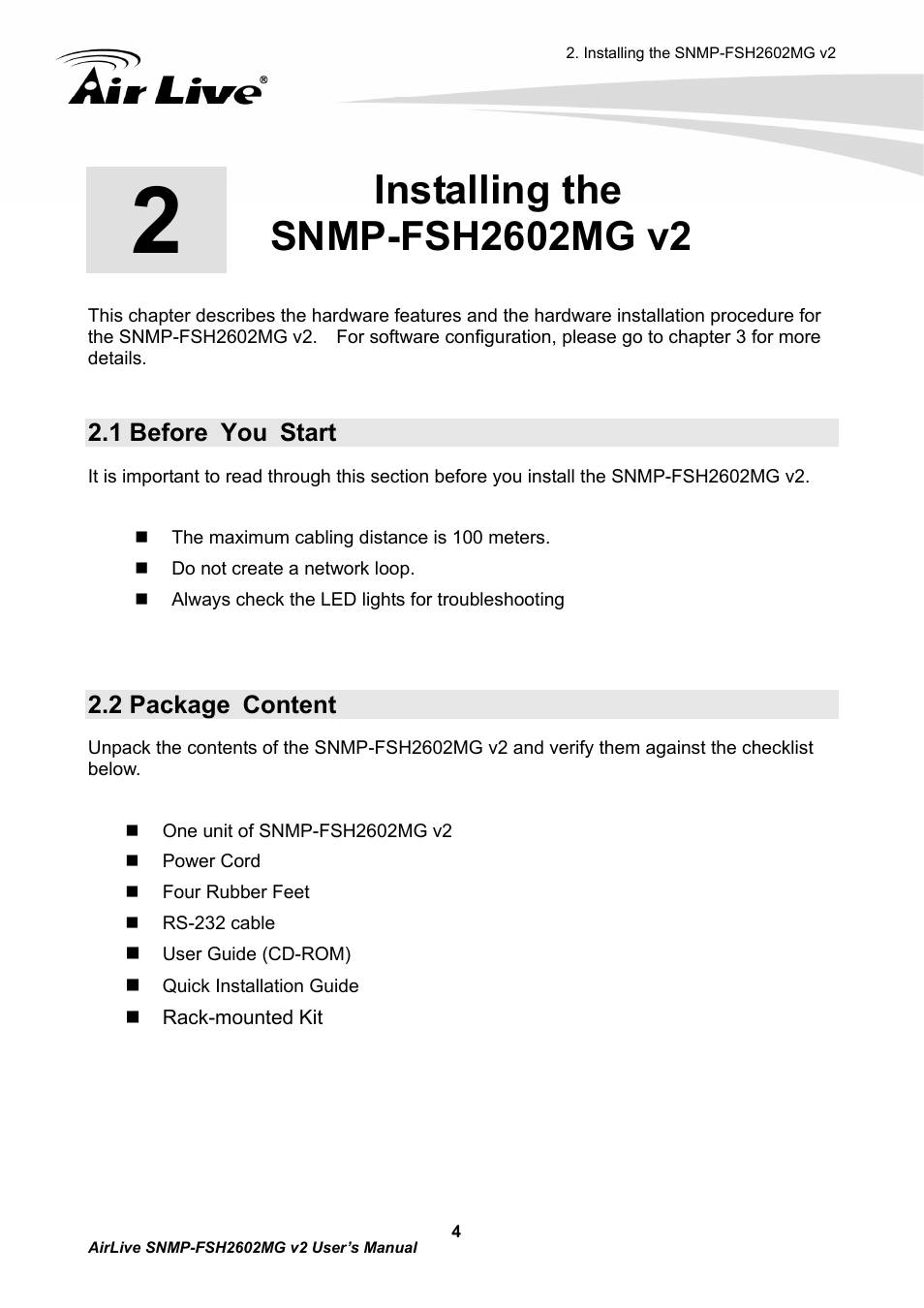 Installing the snmp-fsh2602mg v2, 1 before you start, 2 package content | AirLive SNMP-FSH2602MG v2 User Manual | Page 9 / 139