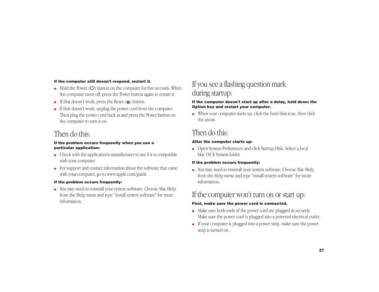 Then do this, If you see a flashing question mark during startup, If the computer won’t turn on or start up | Apple iMac G3 User Manual | Page 28 / 38