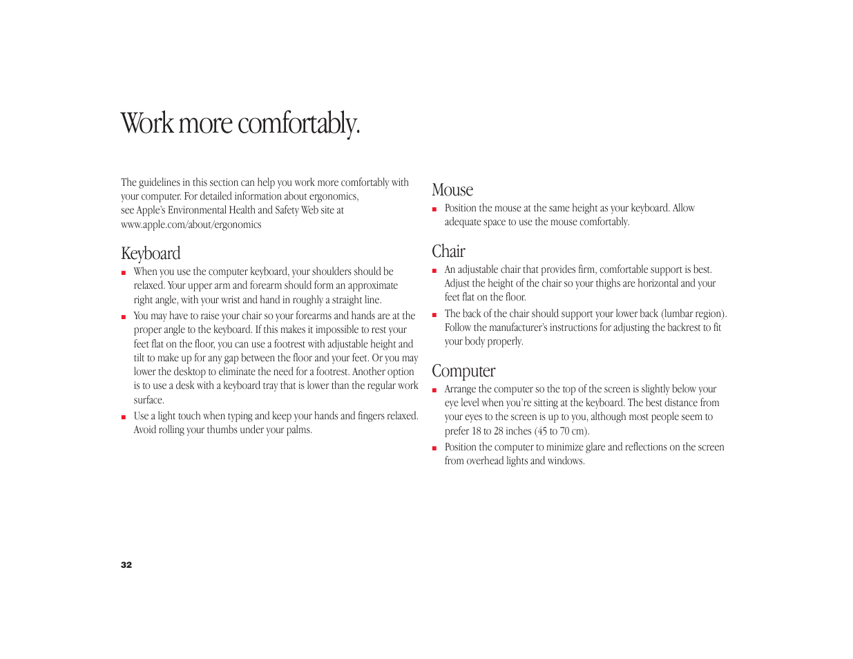 Work more comfortably, Keyboard, Mouse | Chair, Computer | Apple iMac G3 User Manual | Page 33 / 38