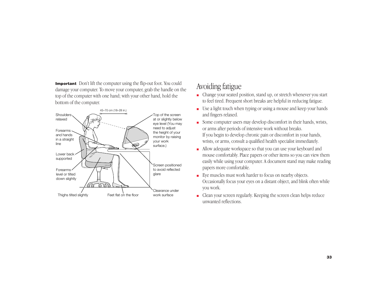 Avoiding fatigue | Apple iMac G3 User Manual | Page 34 / 38