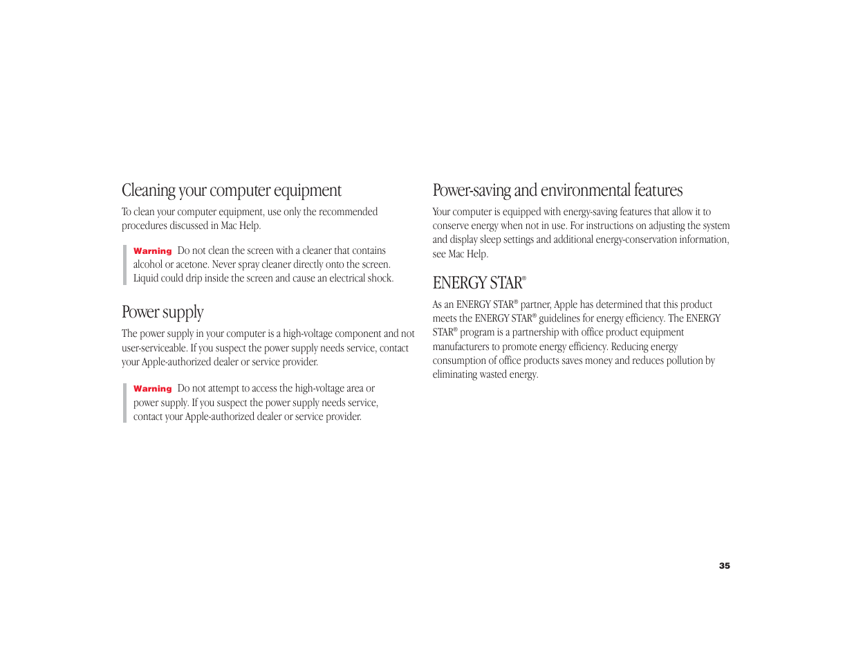 Cleaning your computer equipment, Power supply, Power-saving and environmental features | Energy star | Apple iMac G3 User Manual | Page 36 / 38