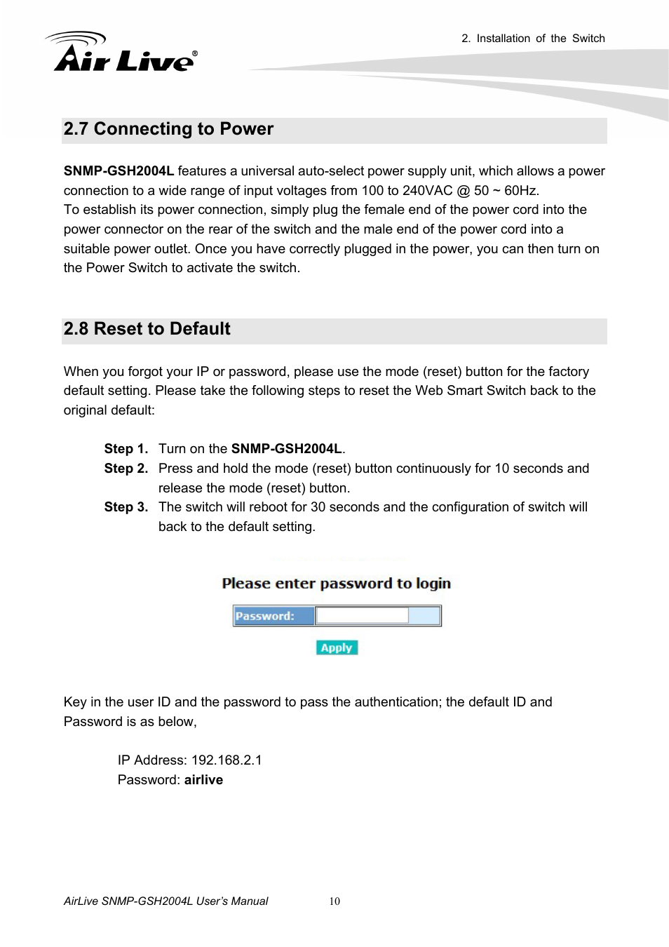 7 connecting to power, 8 reset to default | AirLive SNMP-GSH2004L User Manual | Page 15 / 61