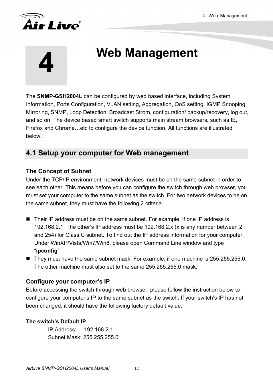 Web management, 1 setup your computer for web management | AirLive SNMP-GSH2004L User Manual | Page 17 / 61