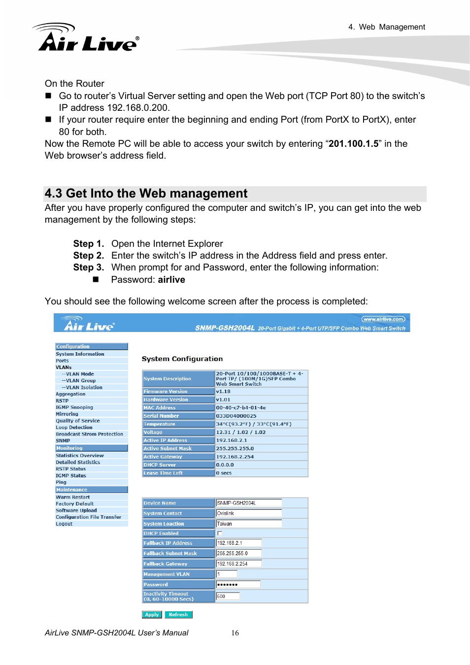 3 get into the web management | AirLive SNMP-GSH2004L User Manual | Page 21 / 61