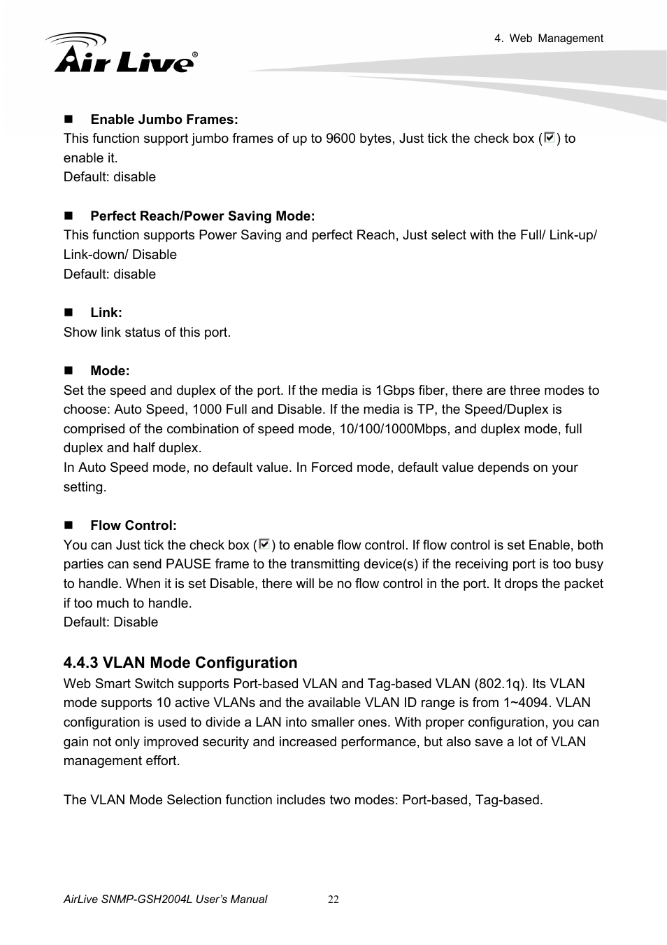 3 vlan mode configuration | AirLive SNMP-GSH2004L User Manual | Page 27 / 61