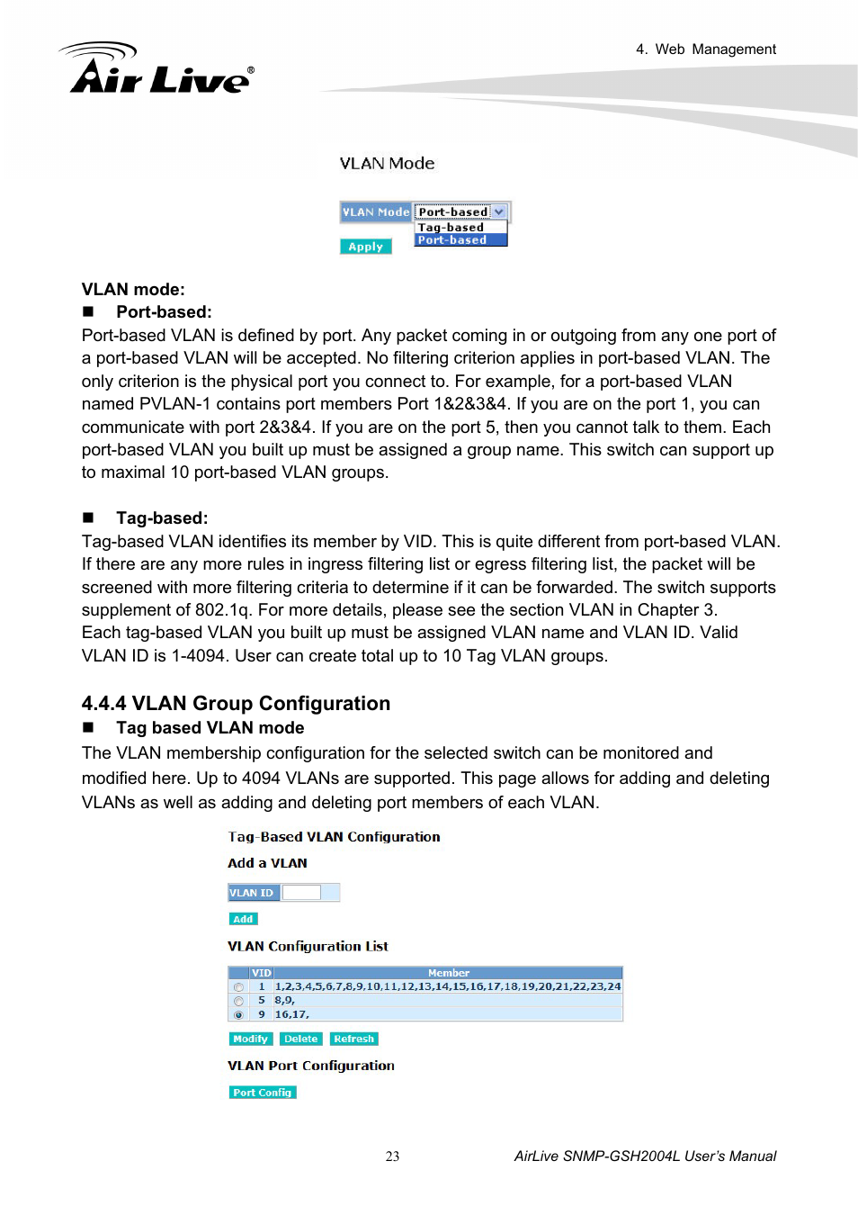 4 vlan group configuration | AirLive SNMP-GSH2004L User Manual | Page 28 / 61