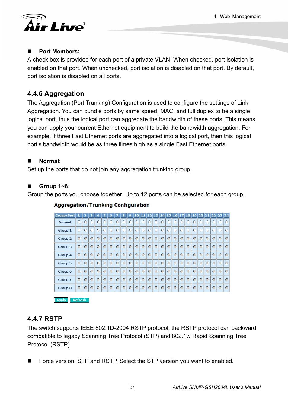 6 aggregation 4.4.7 rstp | AirLive SNMP-GSH2004L User Manual | Page 32 / 61