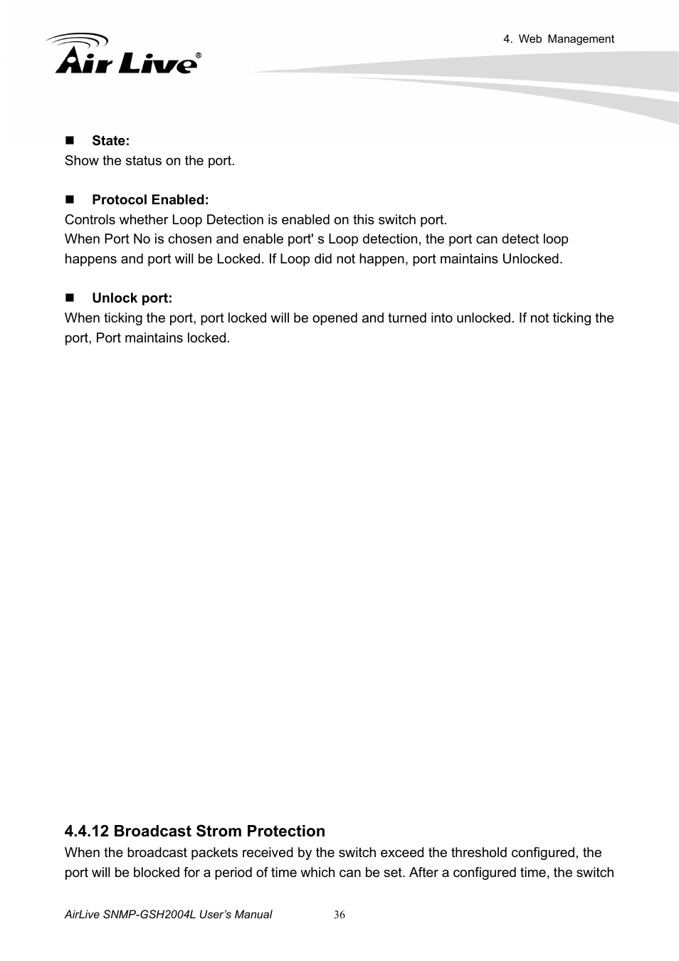 12 broadcast strom protection | AirLive SNMP-GSH2004L User Manual | Page 41 / 61