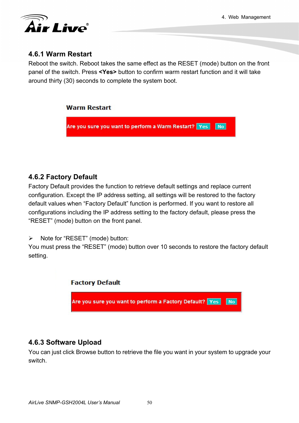 1 warm restart, 2 factory default, 3 software upload | AirLive SNMP-GSH2004L User Manual | Page 55 / 61