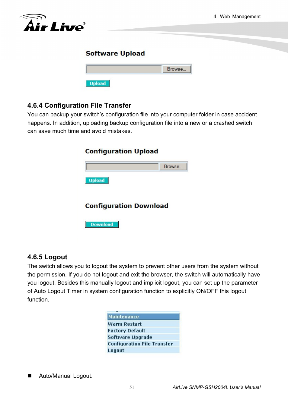 4 configuration file transfer 4.6.5 logout, 4 configuration file transfer, 5 logout | AirLive SNMP-GSH2004L User Manual | Page 56 / 61
