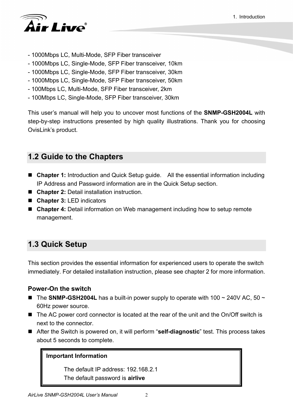2 guide to the chapters, 3 quick setup | AirLive SNMP-GSH2004L User Manual | Page 7 / 61