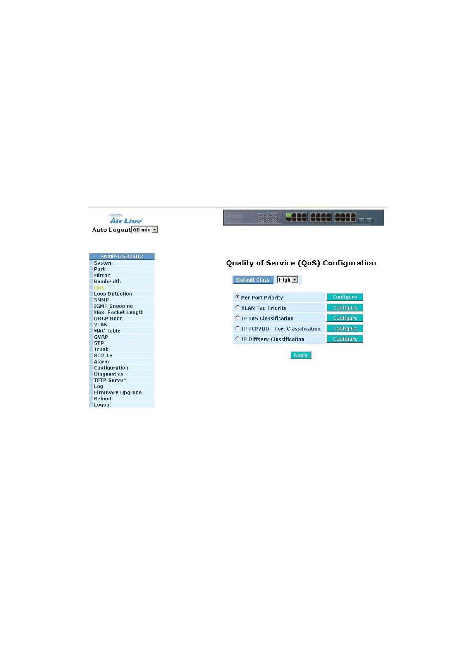 Uality of, Ervice, Onfiguration | 5. qos(quality of service) configuration | AirLive SNMP-GSH2402 User Manual | Page 68 / 246