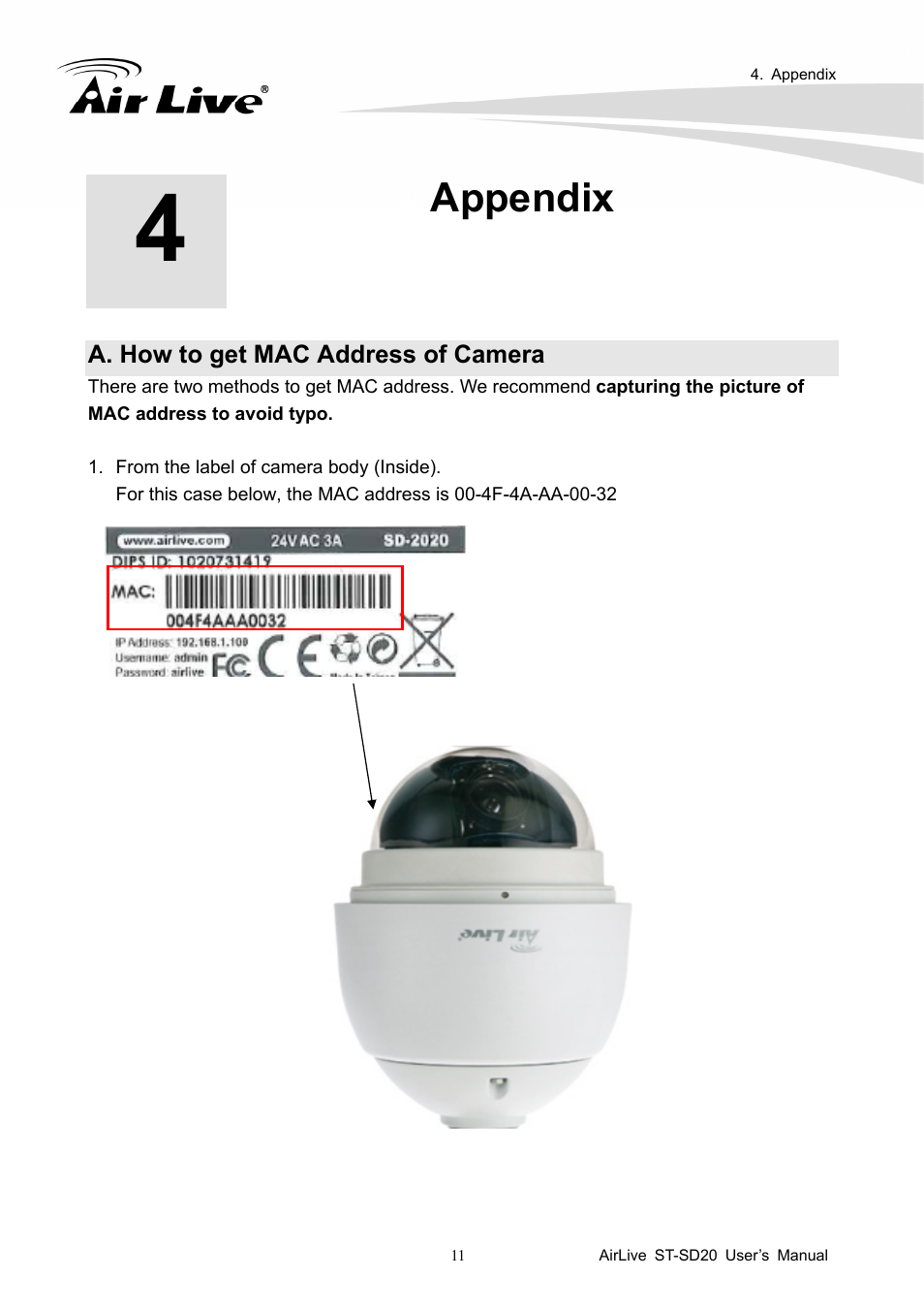 Appendix, A. how to get mac address of camera | AirLive ST-SD20 User Manual | Page 14 / 16