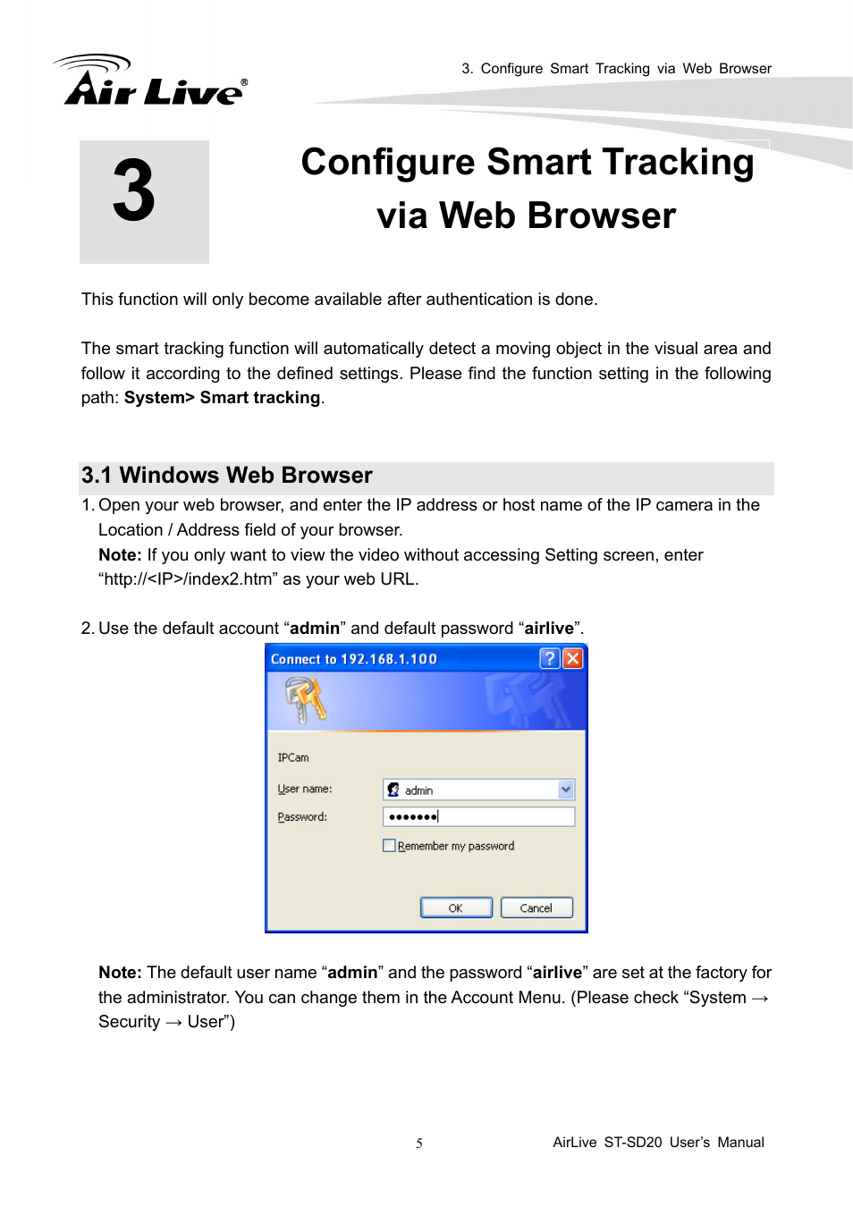 Configure smart tracking via web browser, 1 windows web browser | AirLive ST-SD20 User Manual | Page 8 / 16