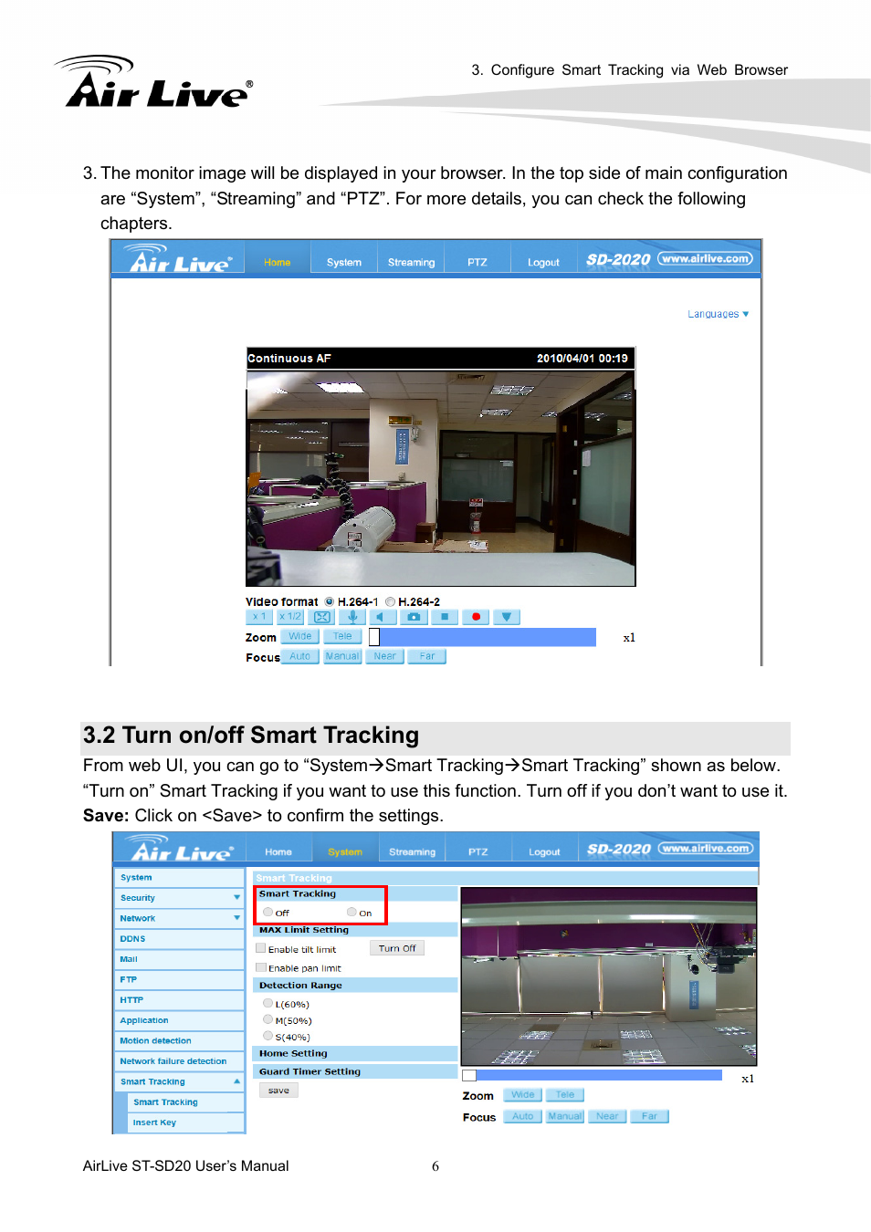 2 turn on/off smart tracking | AirLive ST-SD20 User Manual | Page 9 / 16