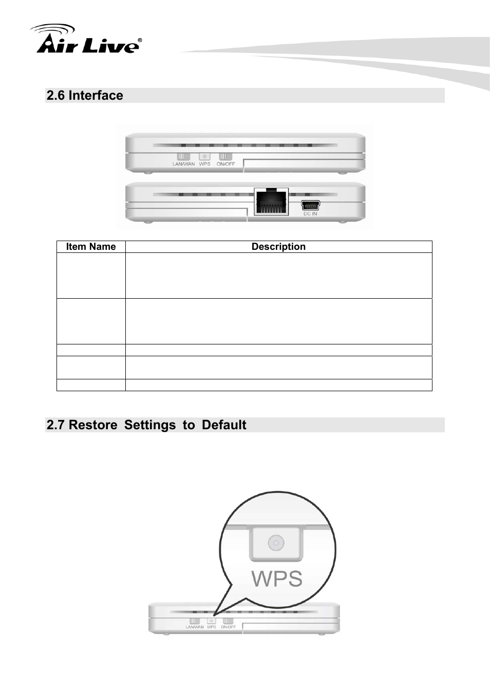 6 interface, 7 restore settings to default | AirLive Traveler3G User Manual | Page 13 / 124