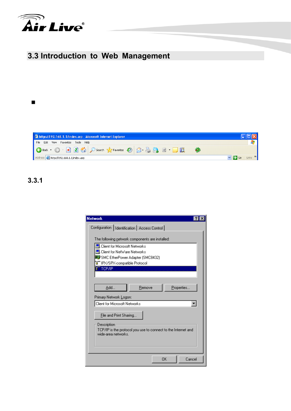 3 introduction to web management, 1 windows 95/98/me ip address setup | AirLive Traveler3G User Manual | Page 16 / 124