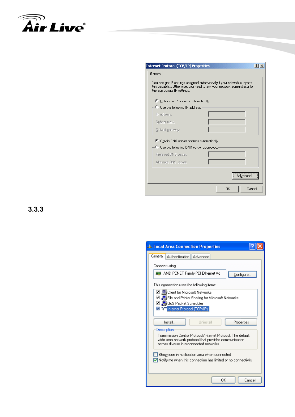 3 windows xp ip address setup | AirLive Traveler3G User Manual | Page 18 / 124