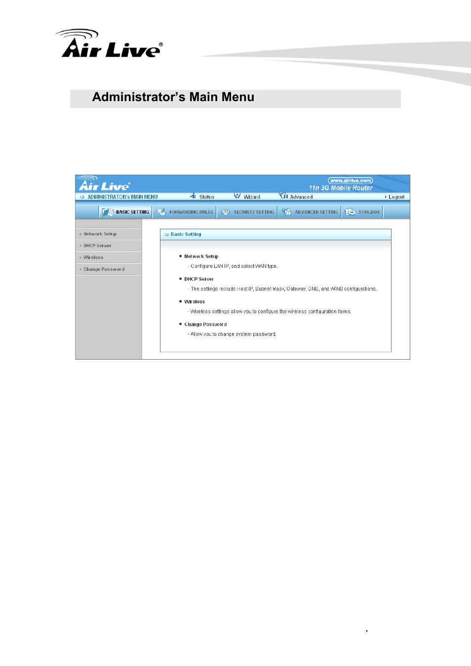 2 administrator's main menu, 2 administrator’s main menu, 1 basic setting | AirLive Traveler3G II User Manual | Page 29 / 97