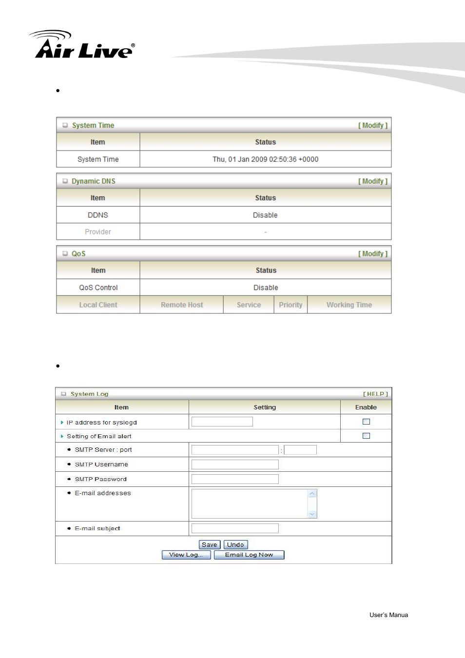 Status, System log | AirLive Traveler3GM User Manual | Page 75 / 121