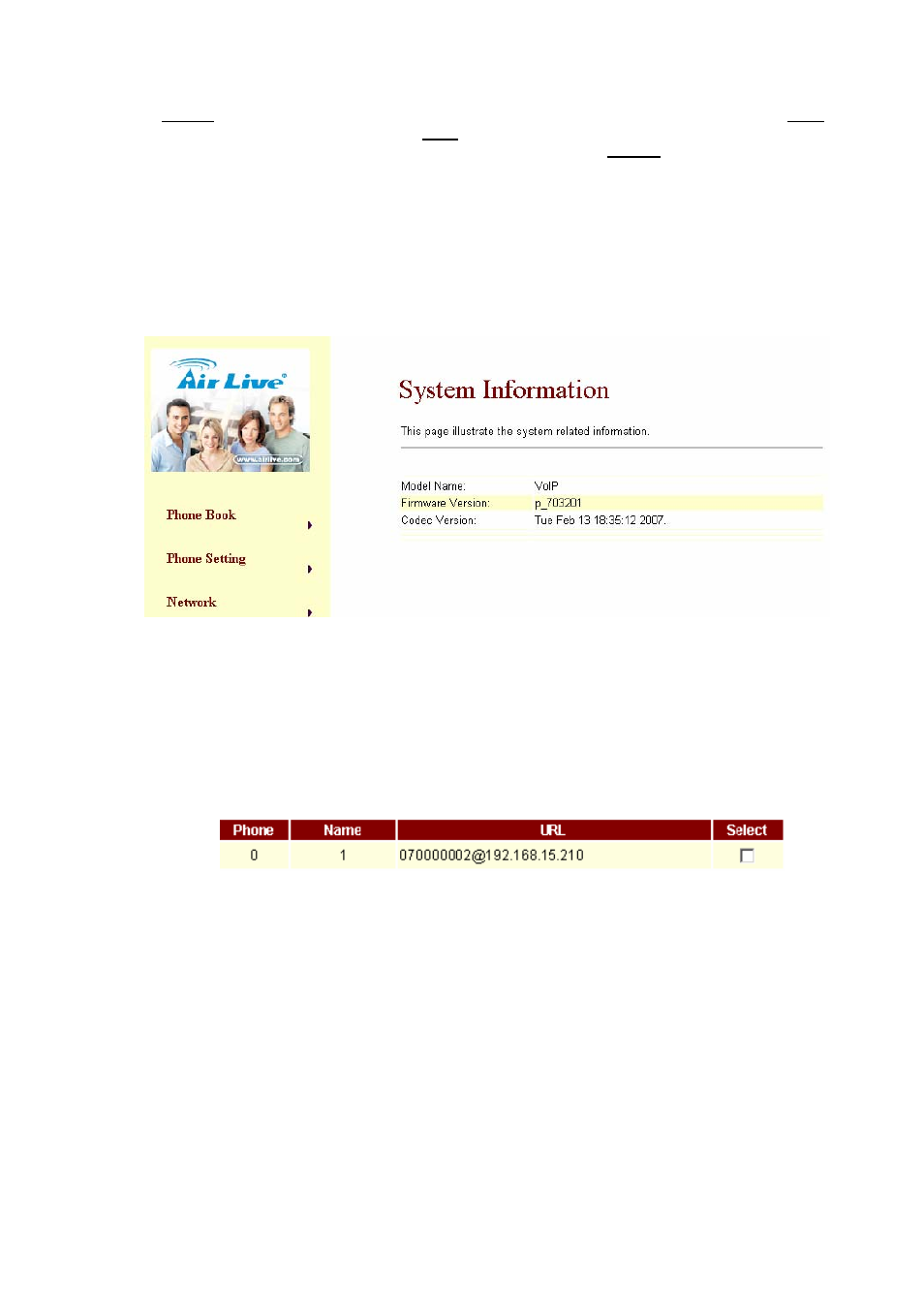 2 system information for the ata, 3 phone book, 2 phone : show serial number | 3 name : setting other side telephone number, 4 url : other side ip address, System information for the ata, Phone book | AirLive VoIP-120A User Manual | Page 10 / 47