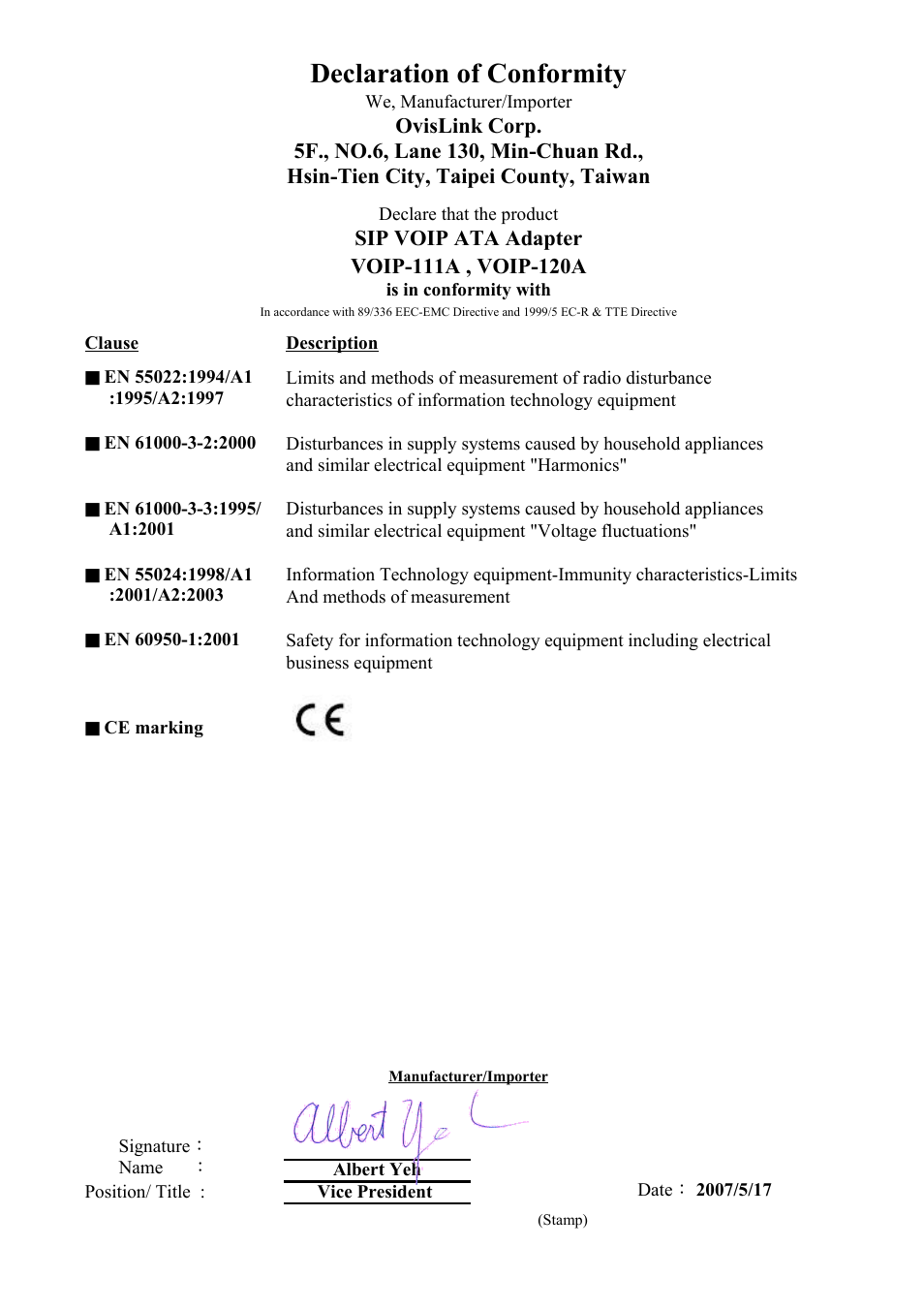 Ce declaration of conformity, Declaration of conformity | AirLive VoIP-120A User Manual | Page 2 / 47