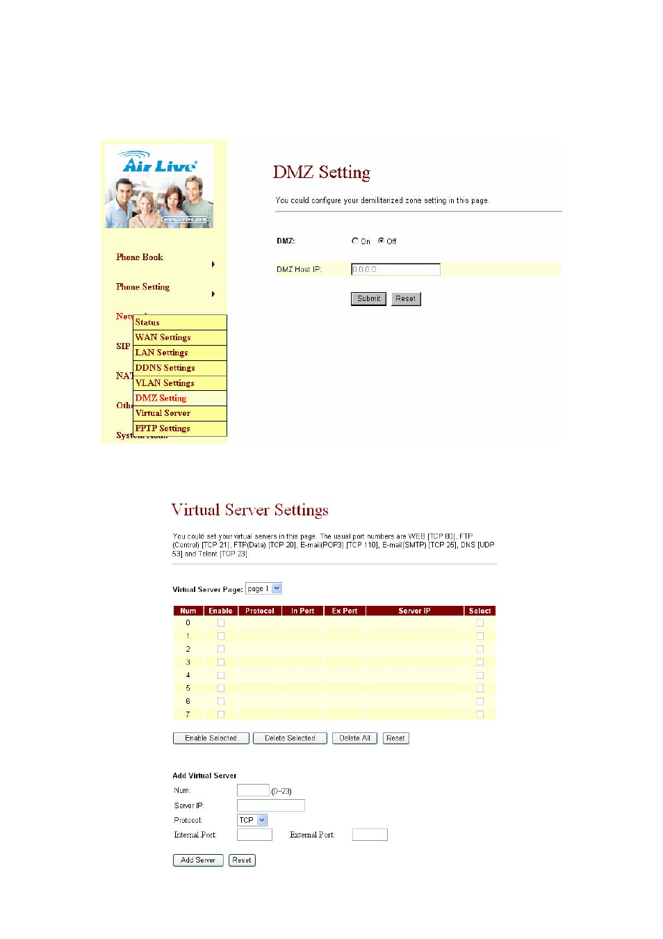 8 dmz setting, 9 virtual server setting, Dmz setting | Virtual server setting | AirLive VoIP-120A User Manual | Page 25 / 47