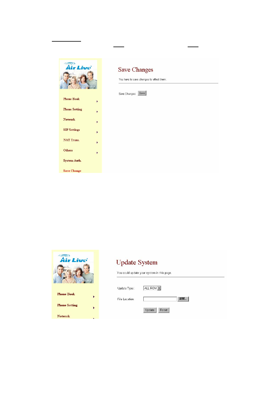 16 save change, 17 update rom firmware, Save change | Update rom firmware | AirLive VoIP-120A User Manual | Page 37 / 47