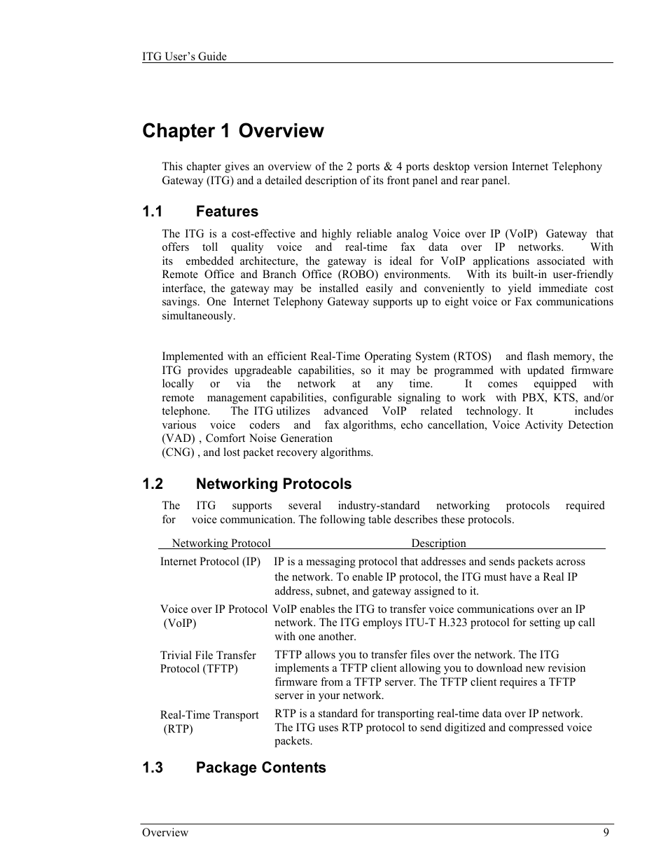 Chapter 1 overview, 1 features, 2 networking protocols | 3 package contents | AirLive VoIP-400 Series User Manual | Page 9 / 56