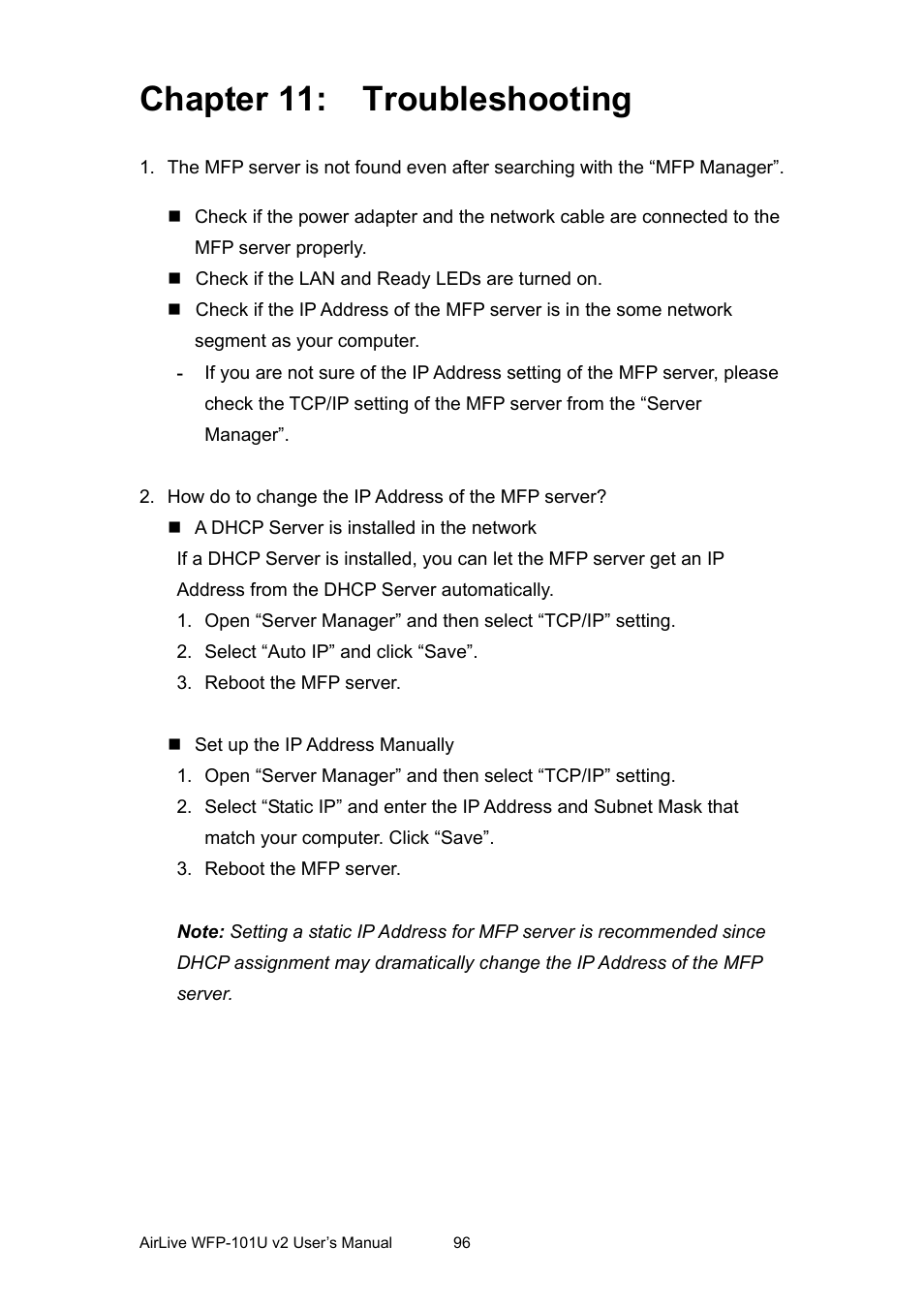 Chapter 11: troubleshooting, Chapter 11, Troubleshooting | AirLive WFP-101U v2 User Manual | Page 104 / 106