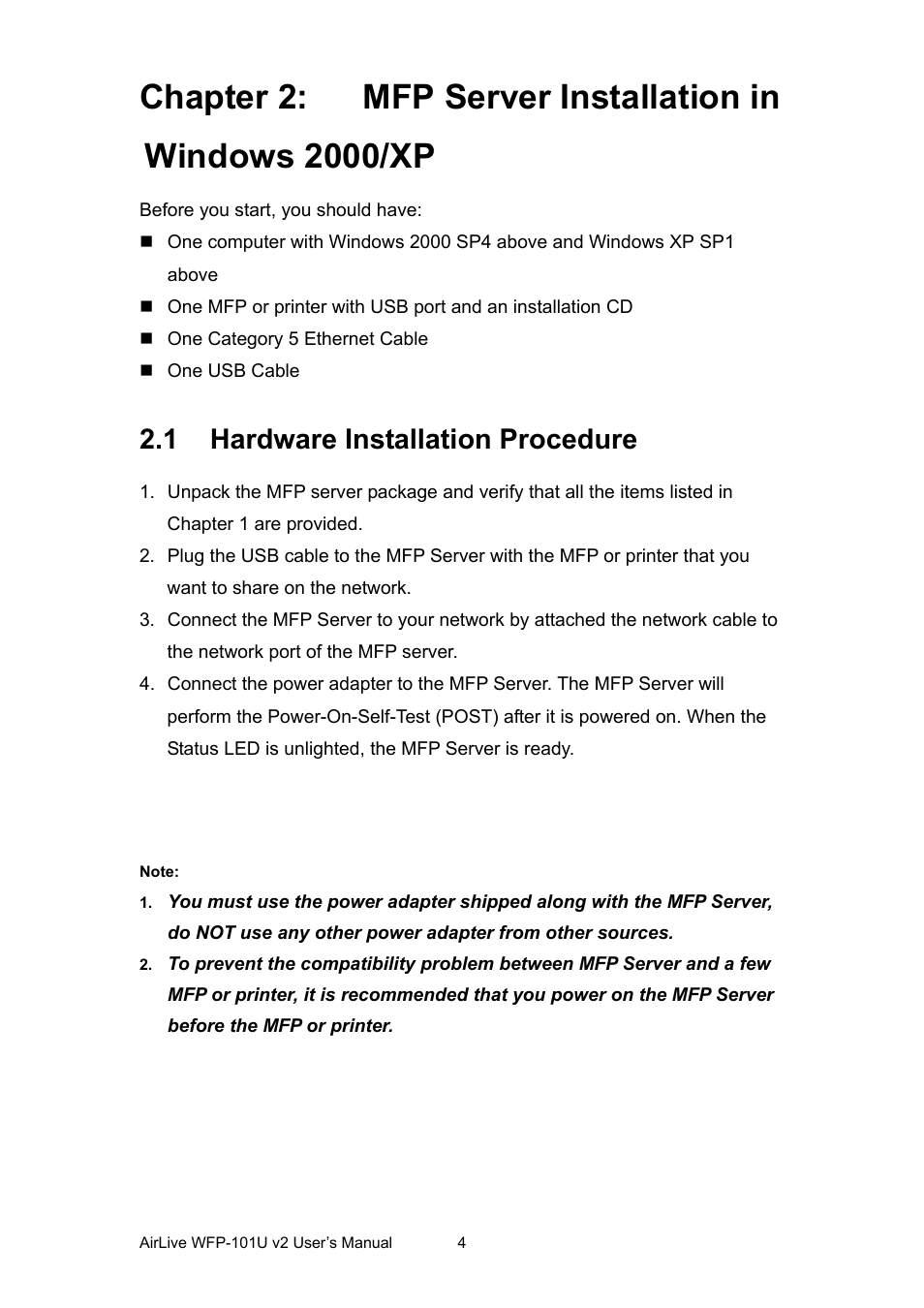 1 hardware installation procedure, Chapter 2, Mfp server installation in windows 2000/xp | Ardware, Nstallation, Rocedure | AirLive WFP-101U v2 User Manual | Page 12 / 106