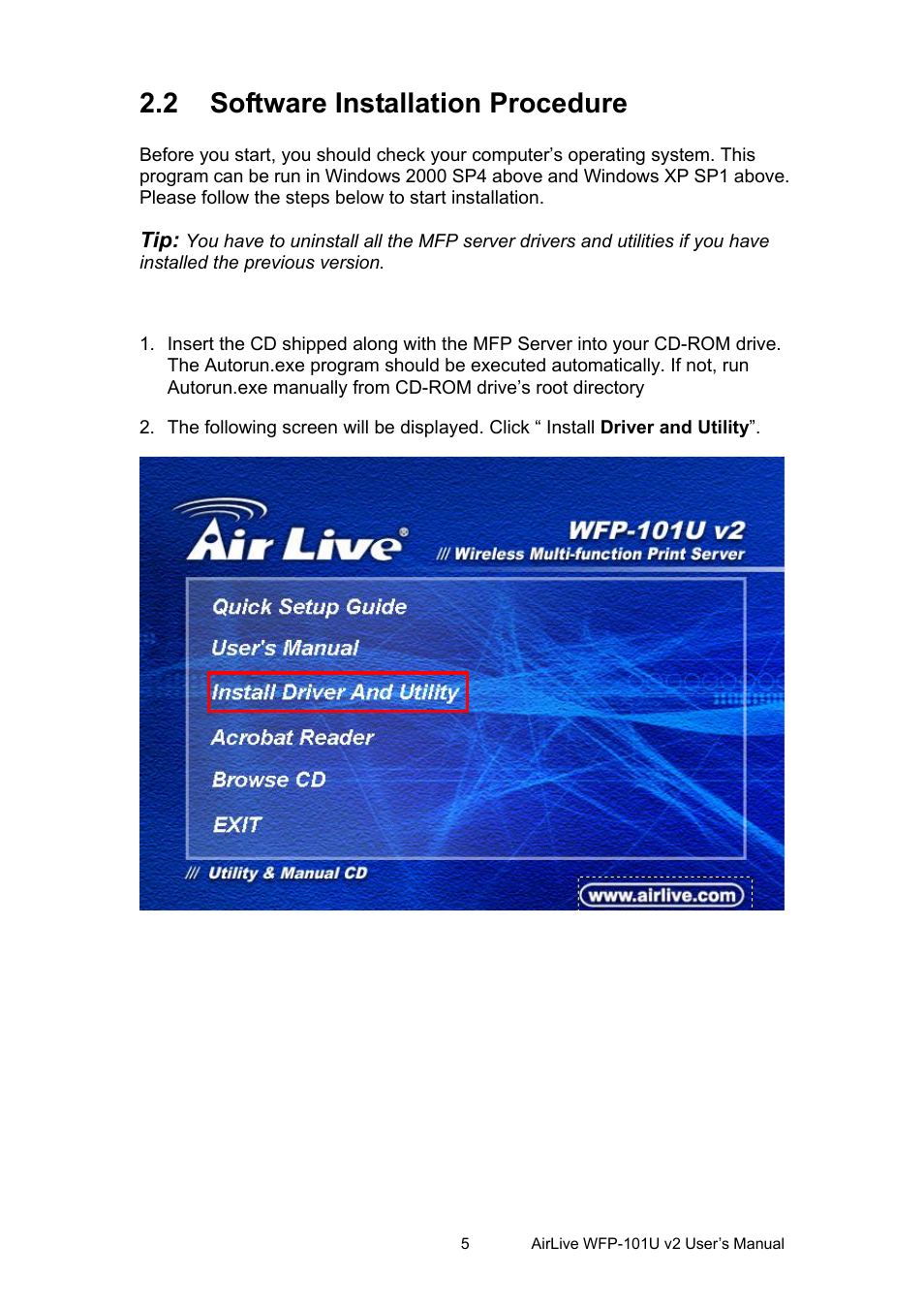 2 software installation procedure, Oftware, Nstallation | Rocedure | AirLive WFP-101U v2 User Manual | Page 13 / 106