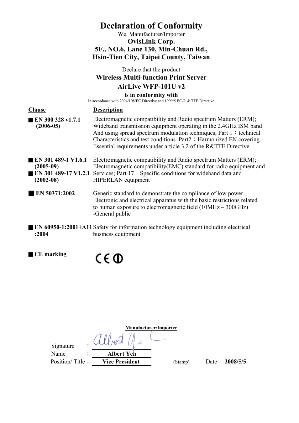 Declaration of conformity | AirLive WFP-101U v2 User Manual | Page 2 / 106