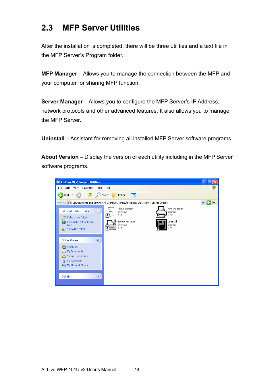 3 mfp server utilities, Erver, Tilities | AirLive WFP-101U v2 User Manual | Page 22 / 106