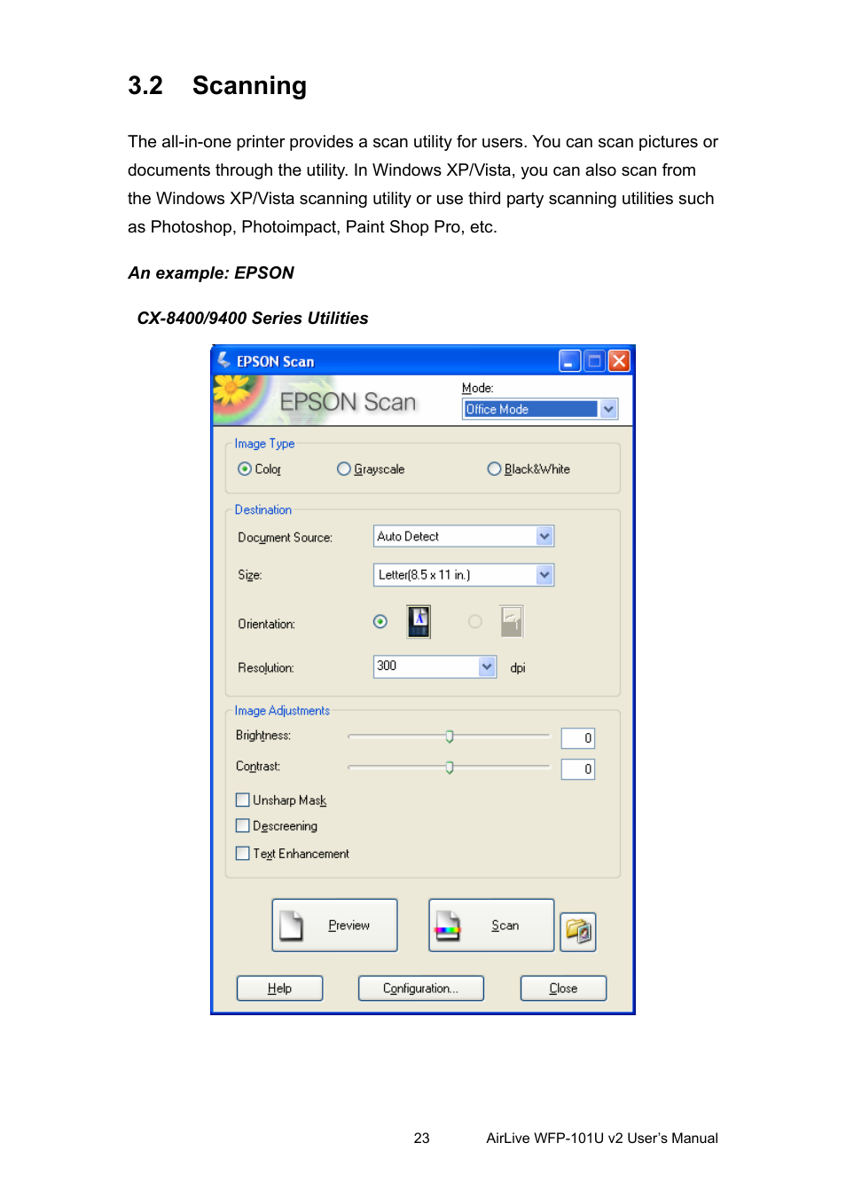 2 scanning, An example: epson, Cx-8400/9400 series utilities | Canning | AirLive WFP-101U v2 User Manual | Page 31 / 106