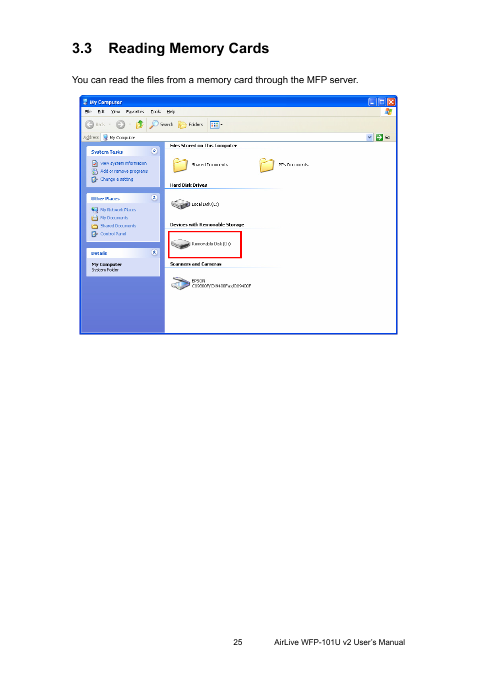 3 reading memory cards, Eading, Emory | Ards | AirLive WFP-101U v2 User Manual | Page 33 / 106