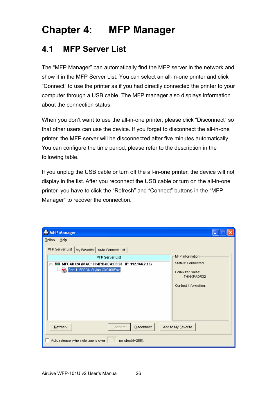 Chapter 4: mfp manager, 1 mfp server list, Chapter 4 | Mfp manager, Erver | AirLive WFP-101U v2 User Manual | Page 34 / 106