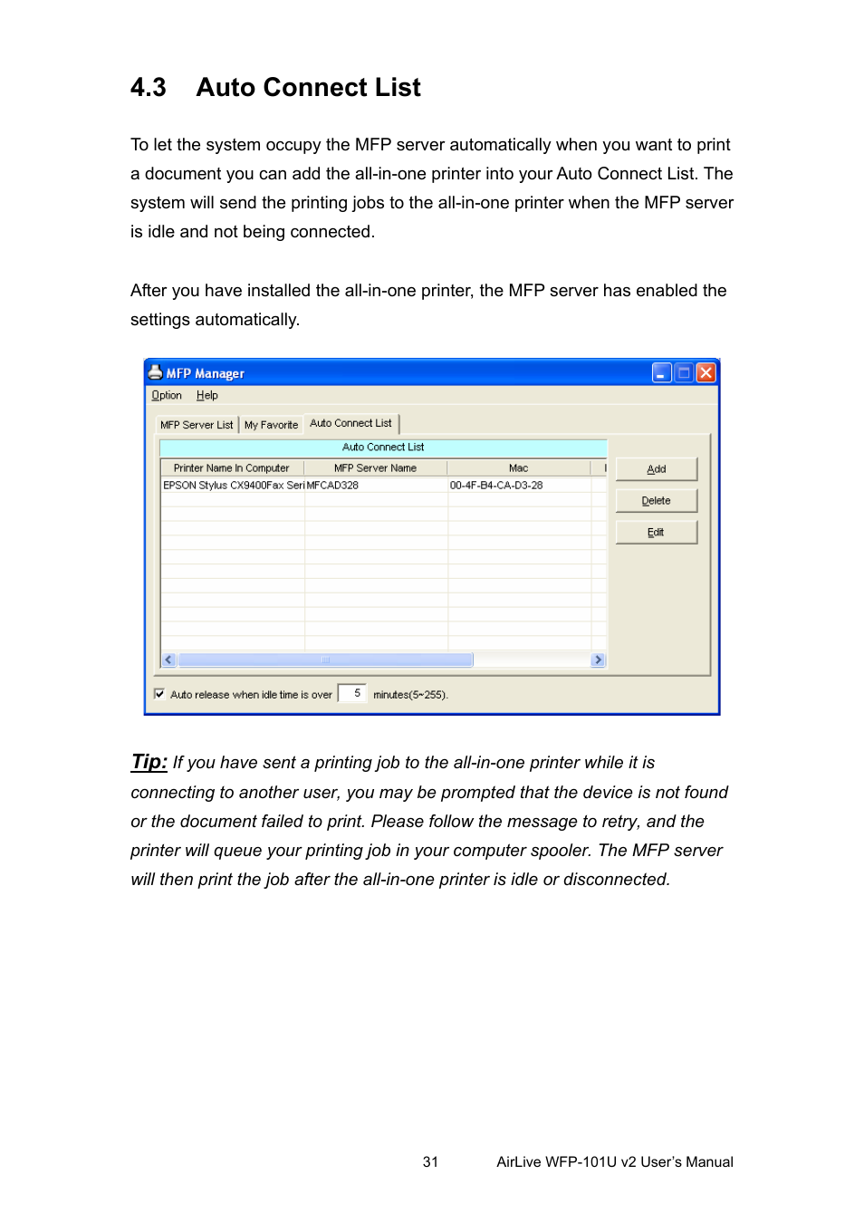 3 auto connect list, Onnect | AirLive WFP-101U v2 User Manual | Page 39 / 106