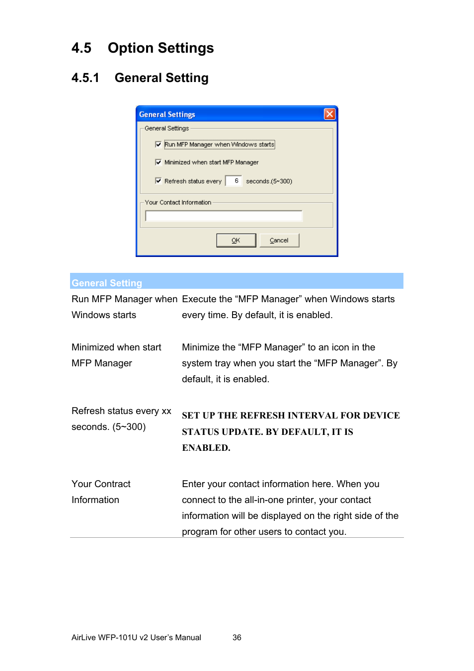 5 option settings, 1 general setting, Ption | Ettings, General setting | AirLive WFP-101U v2 User Manual | Page 44 / 106