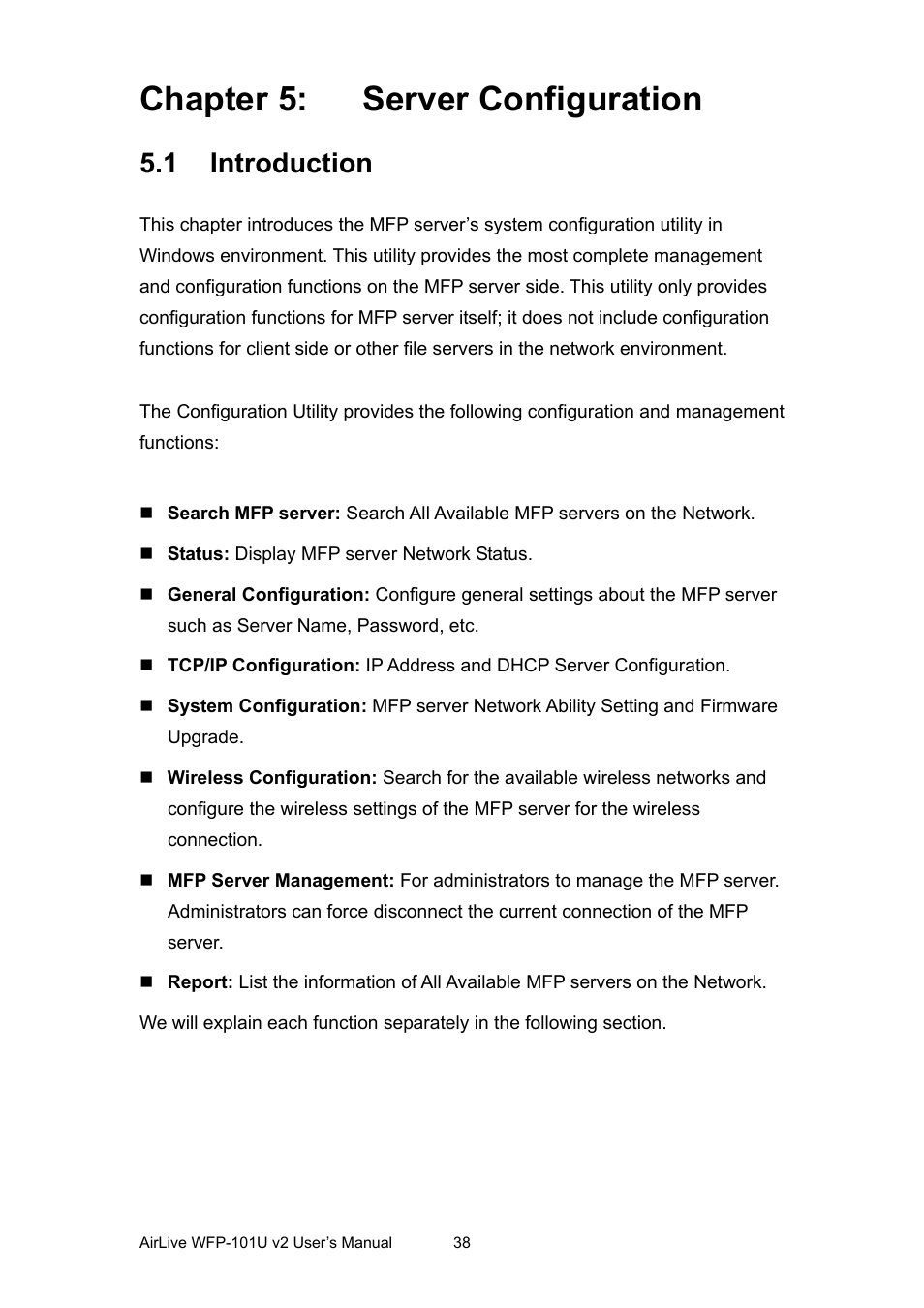 Chapter 5: server configuration, 1 introduction, Chapter 5 | Server configuration, Ntroduction | AirLive WFP-101U v2 User Manual | Page 46 / 106