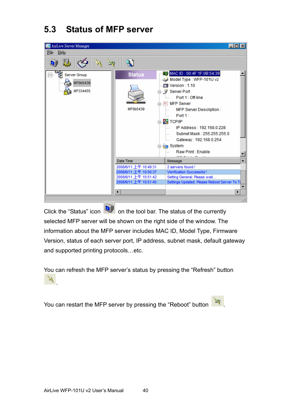 3 status of mfp server, Tatus of, Server | AirLive WFP-101U v2 User Manual | Page 48 / 106