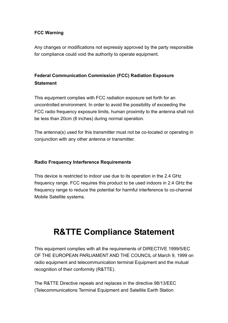 Fcc warning, Radio frequency interference requirements, R&tte compliance statement | AirLive WFP-101U v2 User Manual | Page 5 / 106