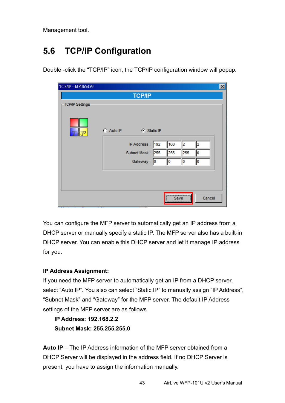 6 tcp/ip configuration, Tcp/ip, Onfiguration | AirLive WFP-101U v2 User Manual | Page 51 / 106