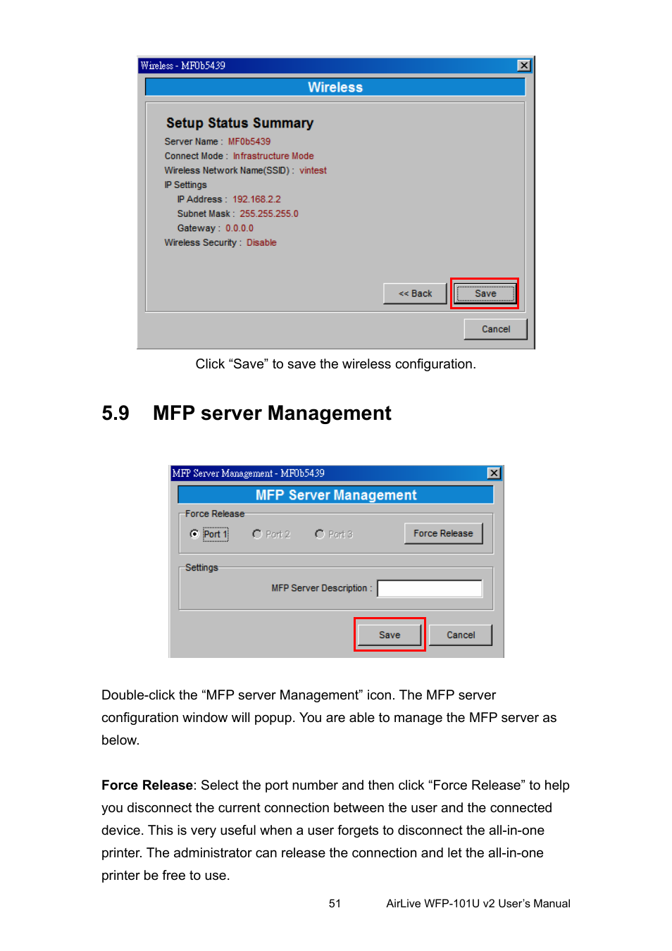 9 mfp server management, Server, Anagement | AirLive WFP-101U v2 User Manual | Page 59 / 106