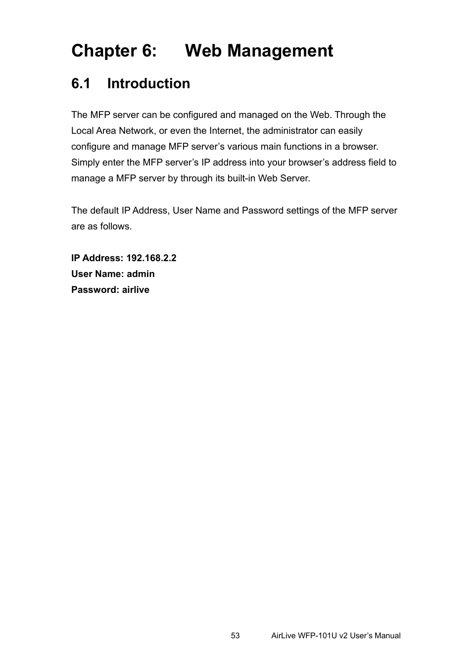 Chapter 6: web management, 1 introduction, Chapter 6 | Web management, Ntroduction | AirLive WFP-101U v2 User Manual | Page 61 / 106