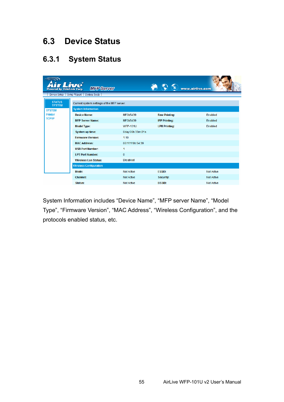 3 device status, 1 system status, Evice | Tatus, System status | AirLive WFP-101U v2 User Manual | Page 63 / 106