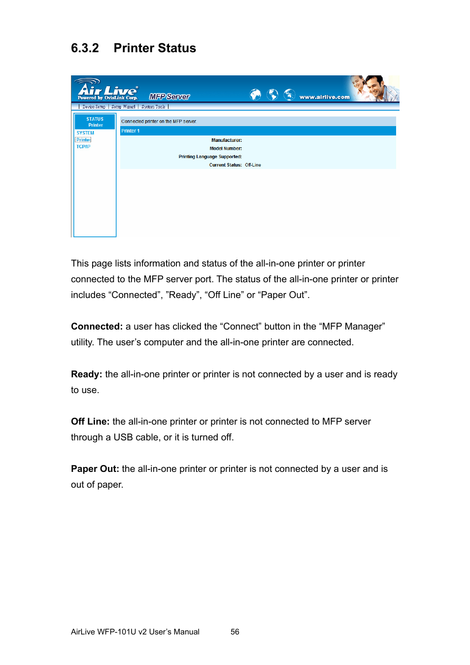 2 printer status, Printer status | AirLive WFP-101U v2 User Manual | Page 64 / 106