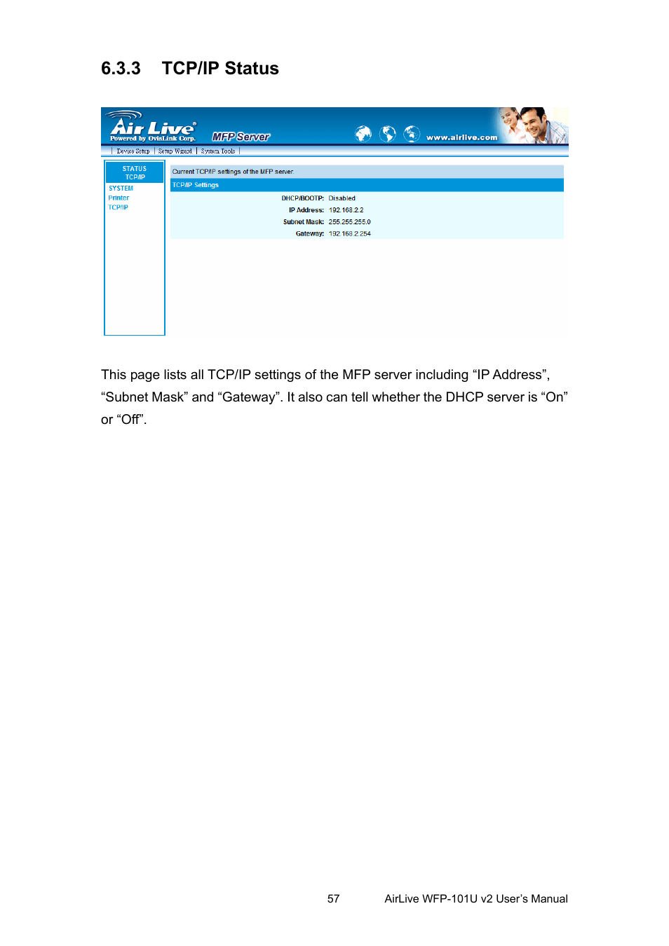 3 tcp/ip status, Tcp/ip status | AirLive WFP-101U v2 User Manual | Page 65 / 106