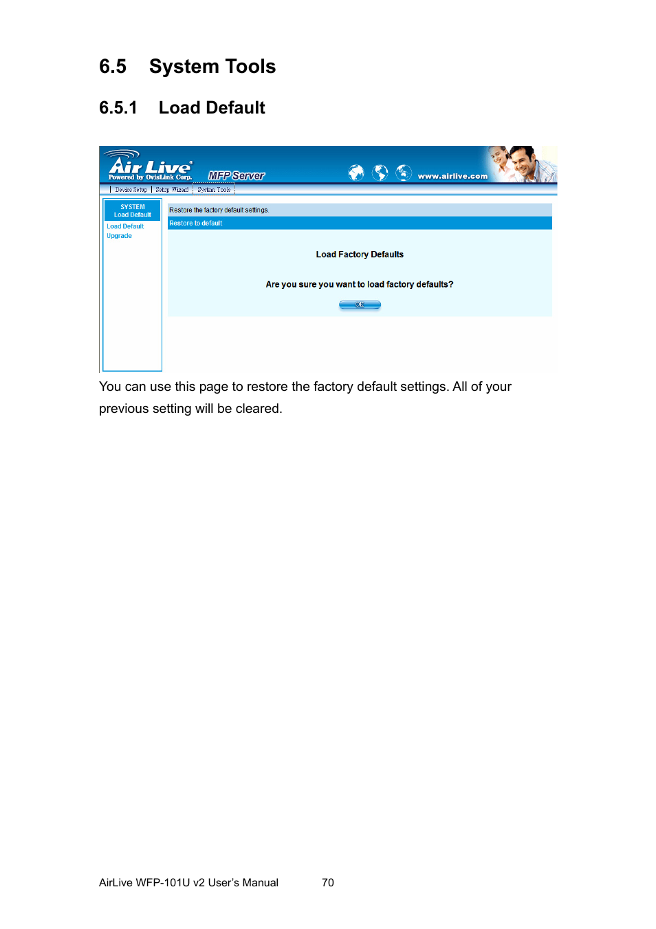 5 system tools, 1 load default, Ystem | Ools, Load default | AirLive WFP-101U v2 User Manual | Page 78 / 106