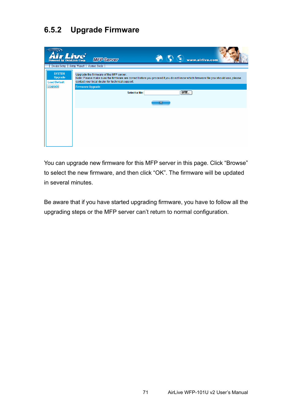 2 upgrade firmware, Upgrade firmware | AirLive WFP-101U v2 User Manual | Page 79 / 106